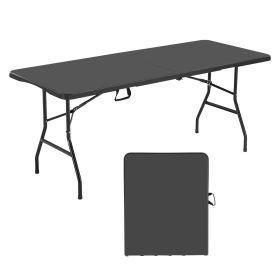 Folding Table, 6 Ft Heavy Duty Portable Fold-in-Half Utility Table, Indoor Outdoor Plastic Rectangle Table with Built in Handle, for Party, Dining (Color: Black, size: 6 ft)