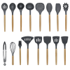 Wooden handle silicone cooking utensils, heat-resistant non-stick kitchen tools including spoon rests, egg beaters, tongs and spatulas, kitchen applia