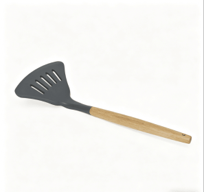 Wooden handle silicone cooking utensils, heat-resistant non-stick kitchen tools including spoon rests, egg beaters, tongs and spatulas, kitchen applia (Style: large triangular spatula)