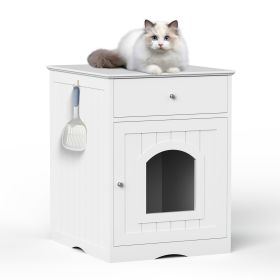 Wooden Pet House Cat Litter Box Enclosure with Drawer, Side Table, Indoor Pet Crate, Cat Home Nightstand (Color: White)