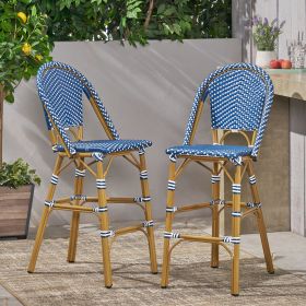 29.5" Outdoor PE Rattan French Barstool, Dark Teal and White, Aluminum Frame with Bamboo Finish (Set of 2) (Color: as Pic)