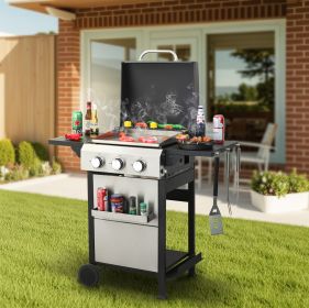3-Burner Propane Gas BBQ Grill, SS Plancha, 36900BTU Output With Wire Enamel Cooking Grids For Outdoor Barbecue, Foldable Side Table, Hanging Basket, (Color: as Pic)