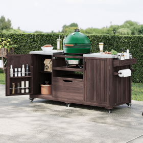 66.5" Outdoor Kitchen Island for Big Green Egg Grills, Solid Wood Outdoor Grill Cart for Tabletop Grill with Stainless Steel Top, Drawer (Color: brown, Material: Wood + Stainless Steel)